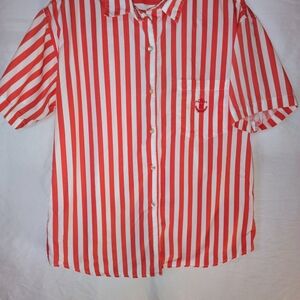 Red and White Casual Button Down Shirt with Vertical Stripes